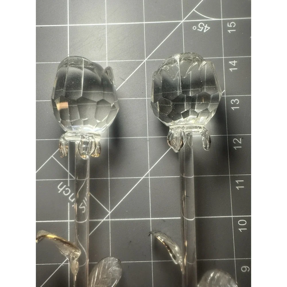 Set Of 4 Clear Glass Long Stem Roses Gold Silver Trim 14